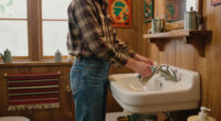 A Basically All-Wood Paneled '70S Bathroom Got An Americana Folk Makeover
